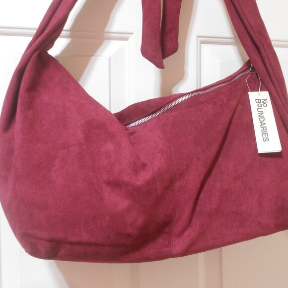 NEW NO BOUNDARIES SUEDE FELT HOBO STYLE OVERSIZED TOTE CROSSBODY BAG WINE MAROON - Picture 9 of 9